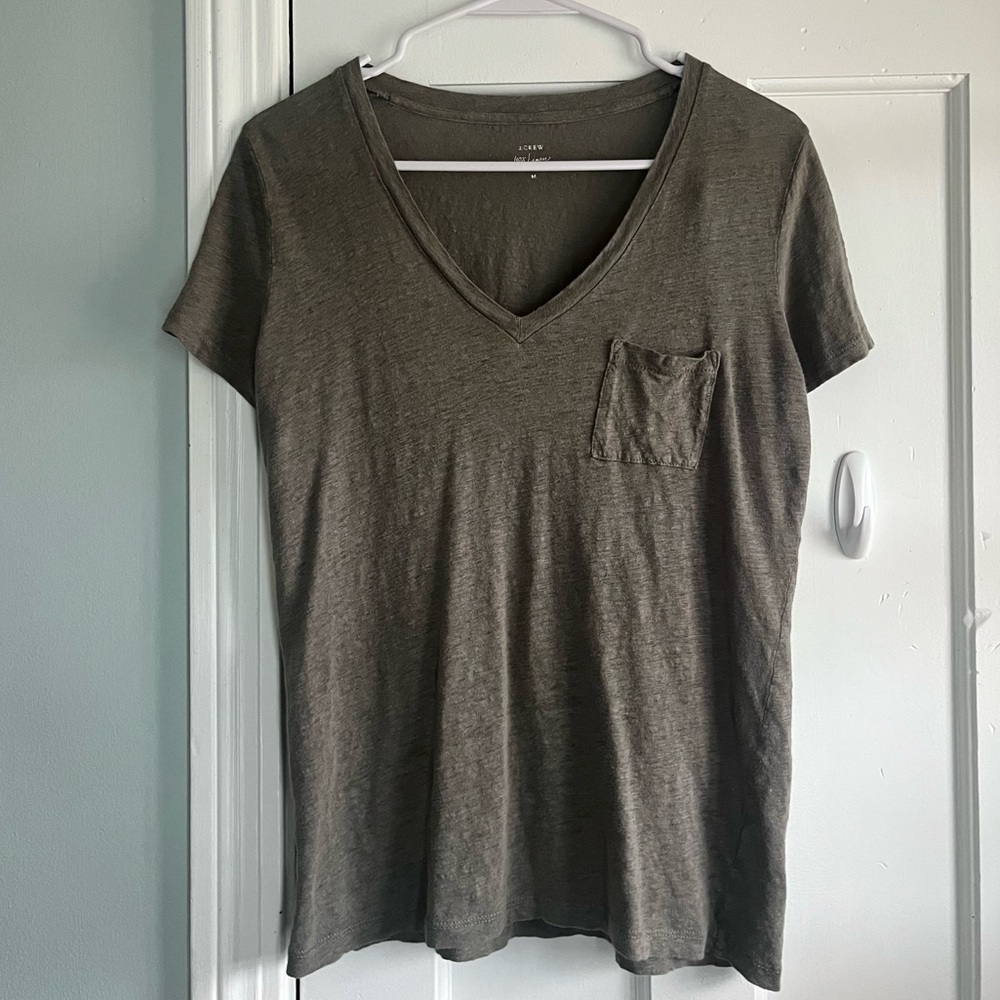 J. Crew 100% Linen V-Neck Pocket T-Shirt Army Olive Green Medium Tee